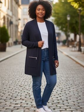 Premise Navy Knit Cardigan with gold tone zipper pocket new with tag xlg